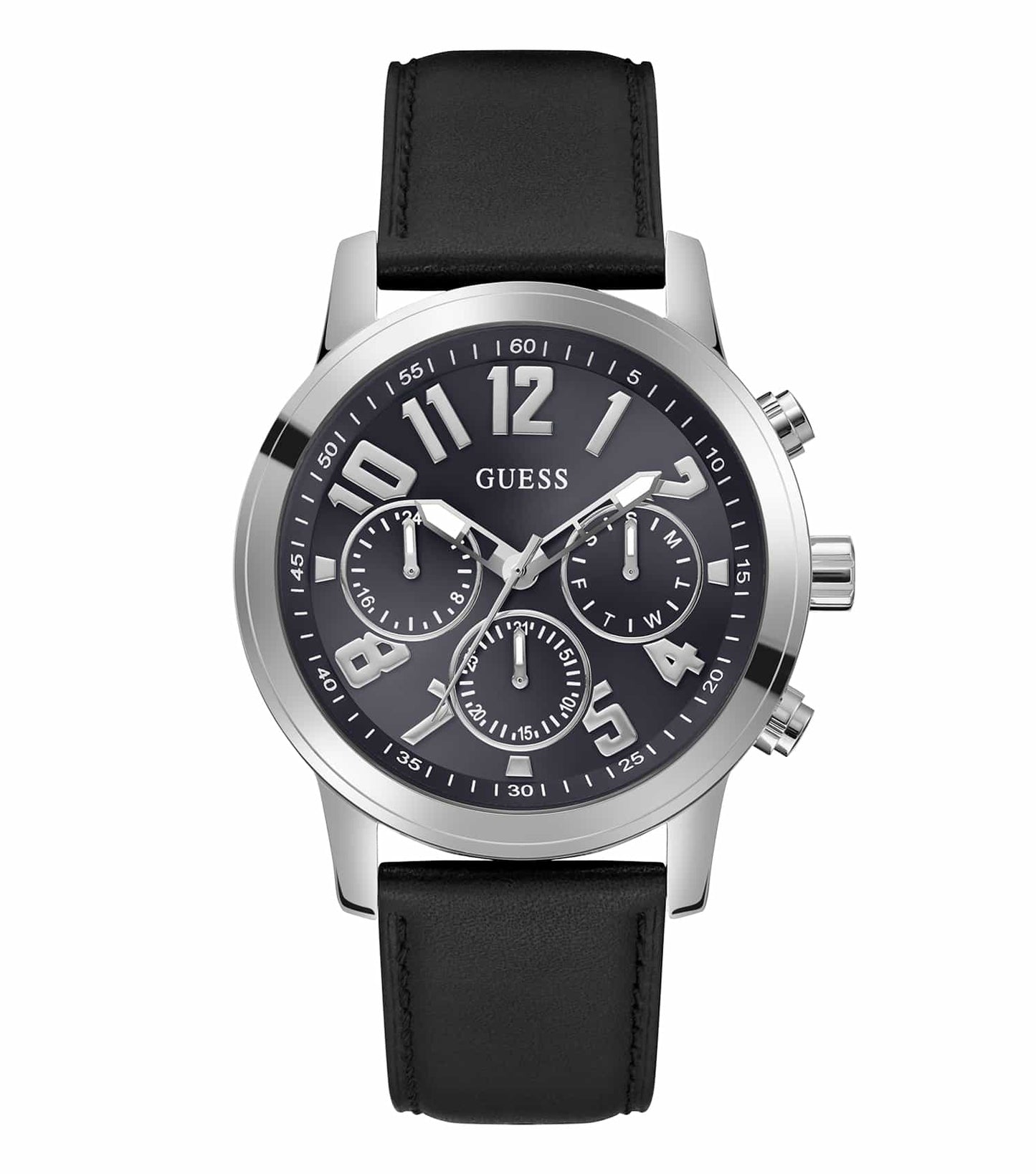 Sophisticated Guess quartz watch in classic black with gold accents and a sleek round face at a slight angle, exuding timeless elegance.