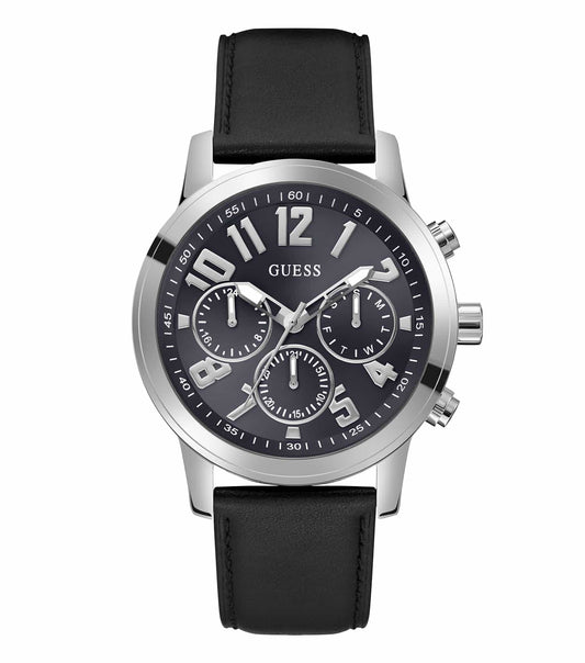 Sophisticated Guess quartz watch in classic black with gold accents and a sleek round face at a slight angle, exuding timeless elegance.
