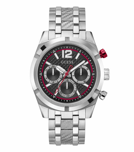 Guess Watch, Quartz color, front angle view showcasing sleek design and stainless steel bracelet, perfect for watch enthusiasts.