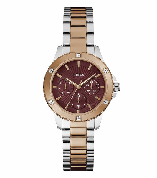 Guess mist color watch, GW0723L2 model, angled side view; sleek design, gold accents, white strap, small minute markers.