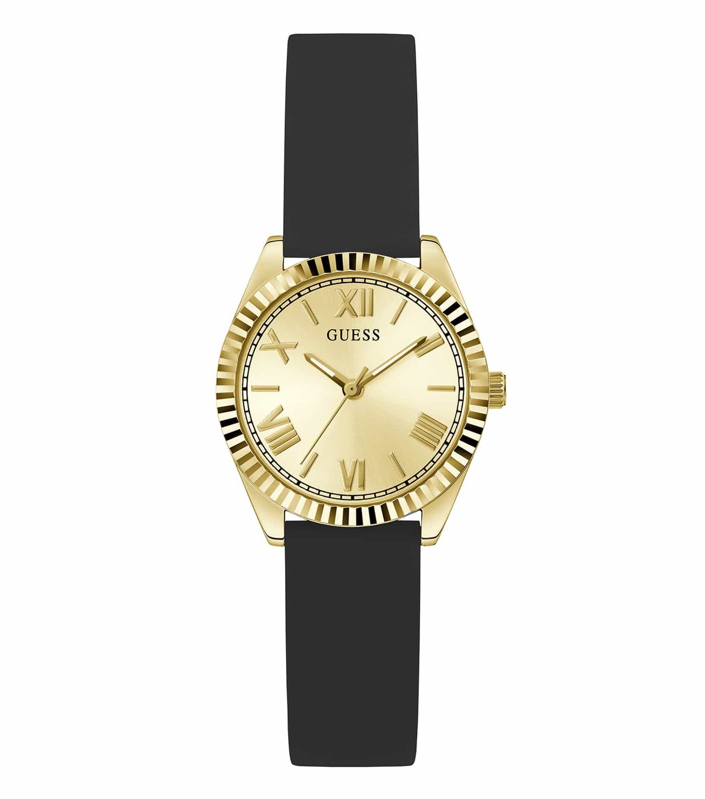 Guess Mini Luna Quartz watch in elegant gold hue, angled front view showcasing the stylish round face and sleek design.