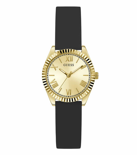 Guess Mini Luna Quartz watch in elegant gold hue, angled front view showcasing the stylish round face and sleek design.