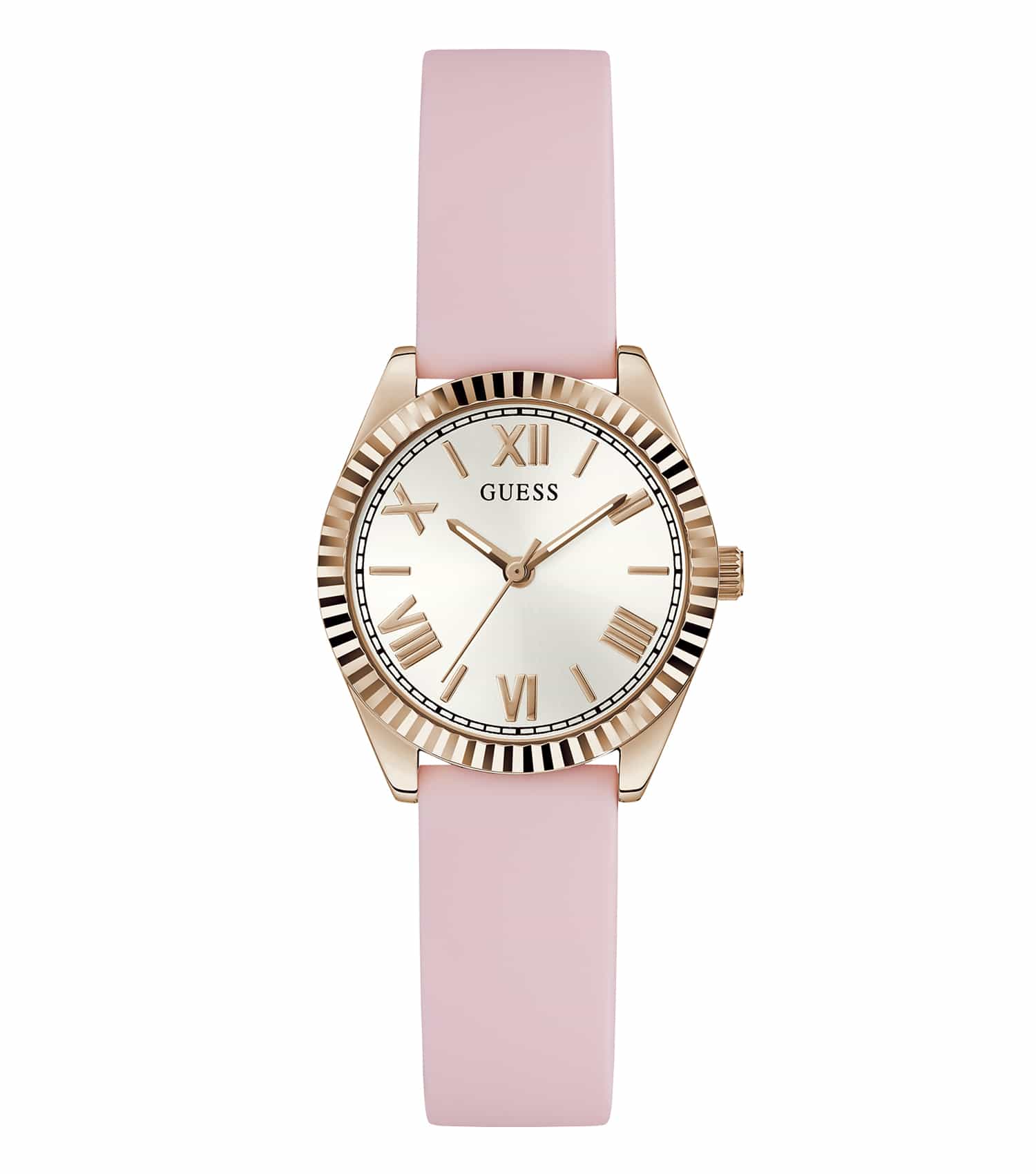 Elegant Guess gold-tone watch, front view, featuring a sleek round face, minimalist dial design, embodies style and sophistication.