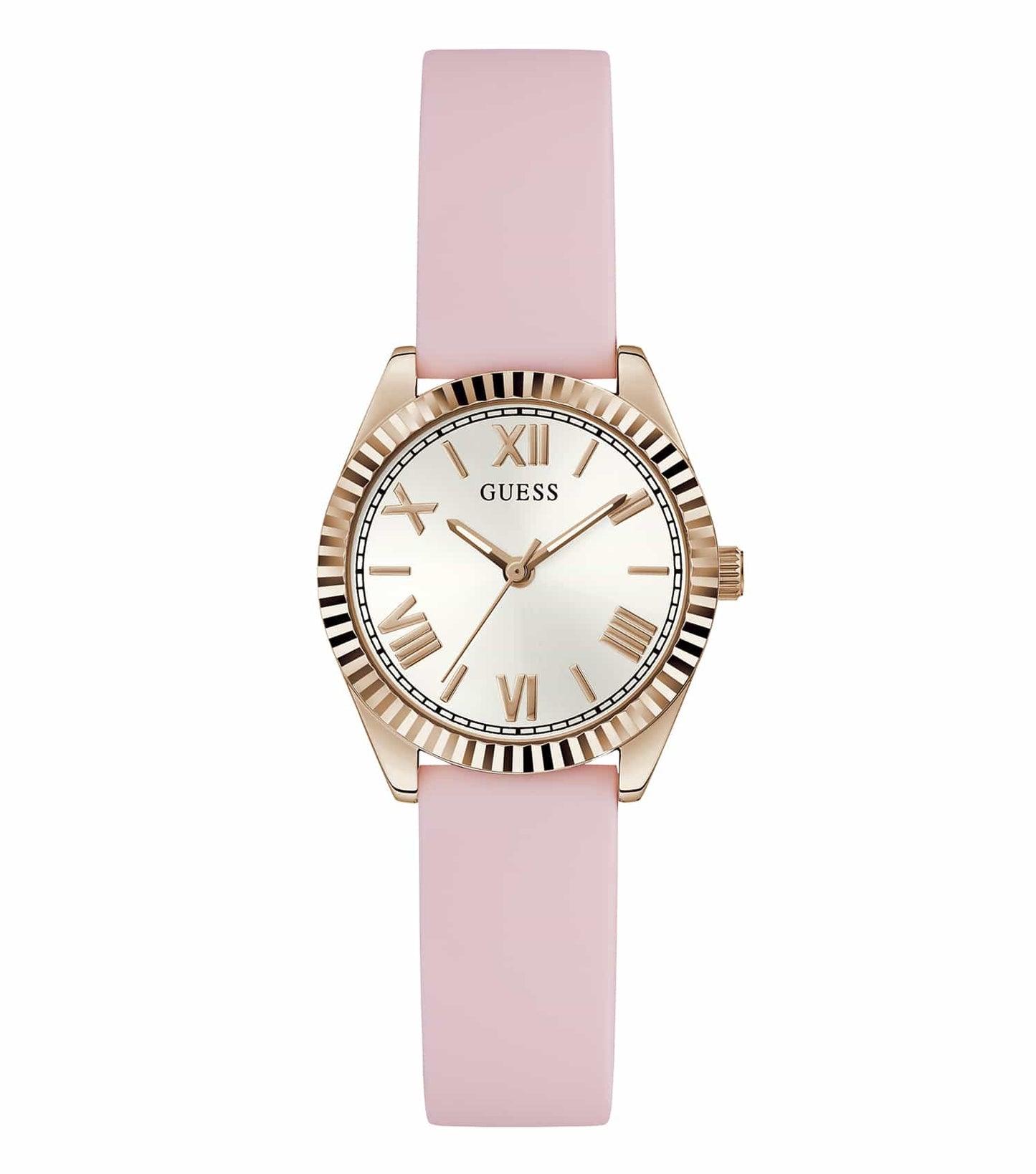 Elegant Guess gold-tone watch, front view, featuring a sleek round face, minimalist dial design, embodies style and sophistication.