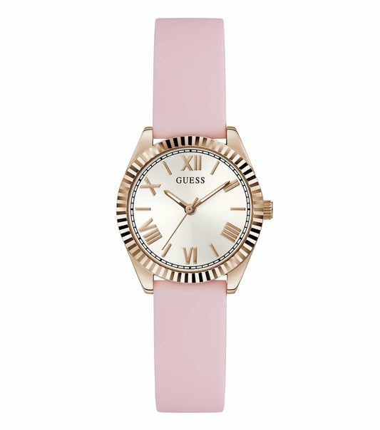 Elegant Guess gold-tone watch, front view, featuring a sleek round face, minimalist dial design, embodies style and sophistication.