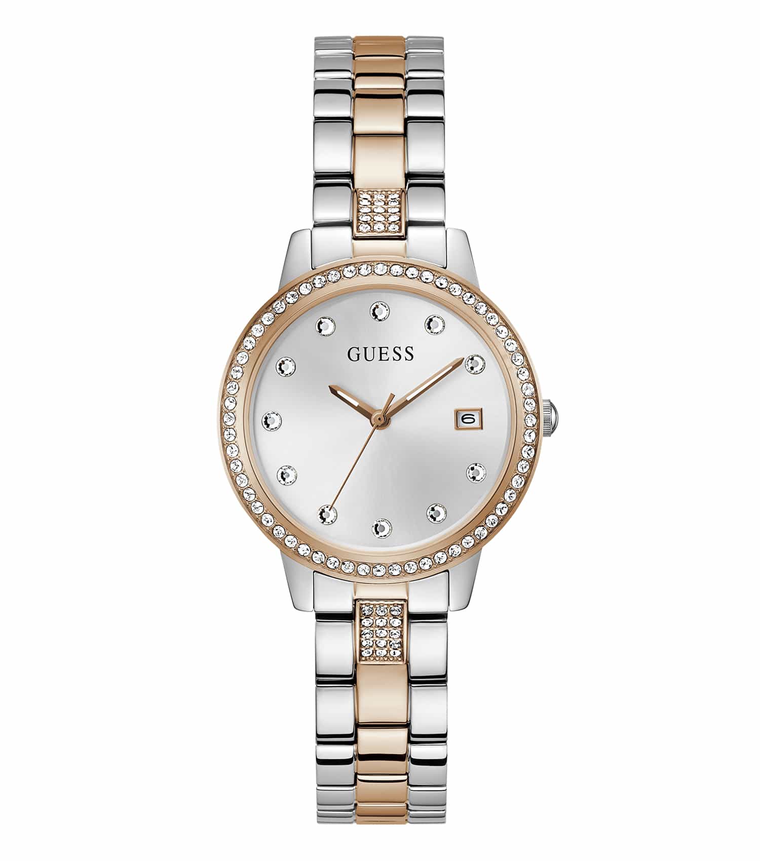 Guess watch GW0725L2 in heartless color, featuring an elegant design, front angle view highlighting its sophisticated dial.