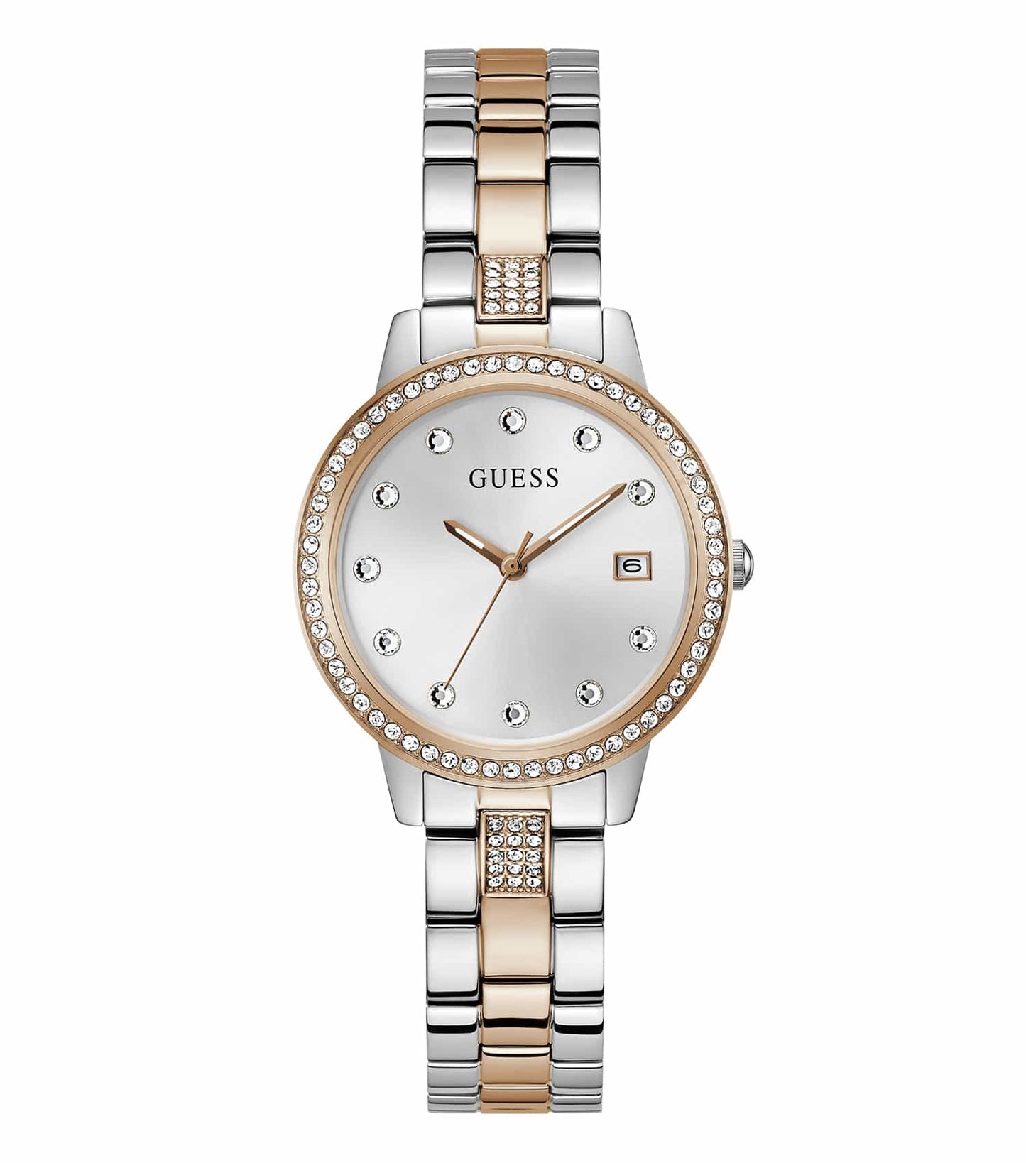 Guess watch GW0725L2 in heartless color, featuring an elegant design, front angle view highlighting its sophisticated dial.