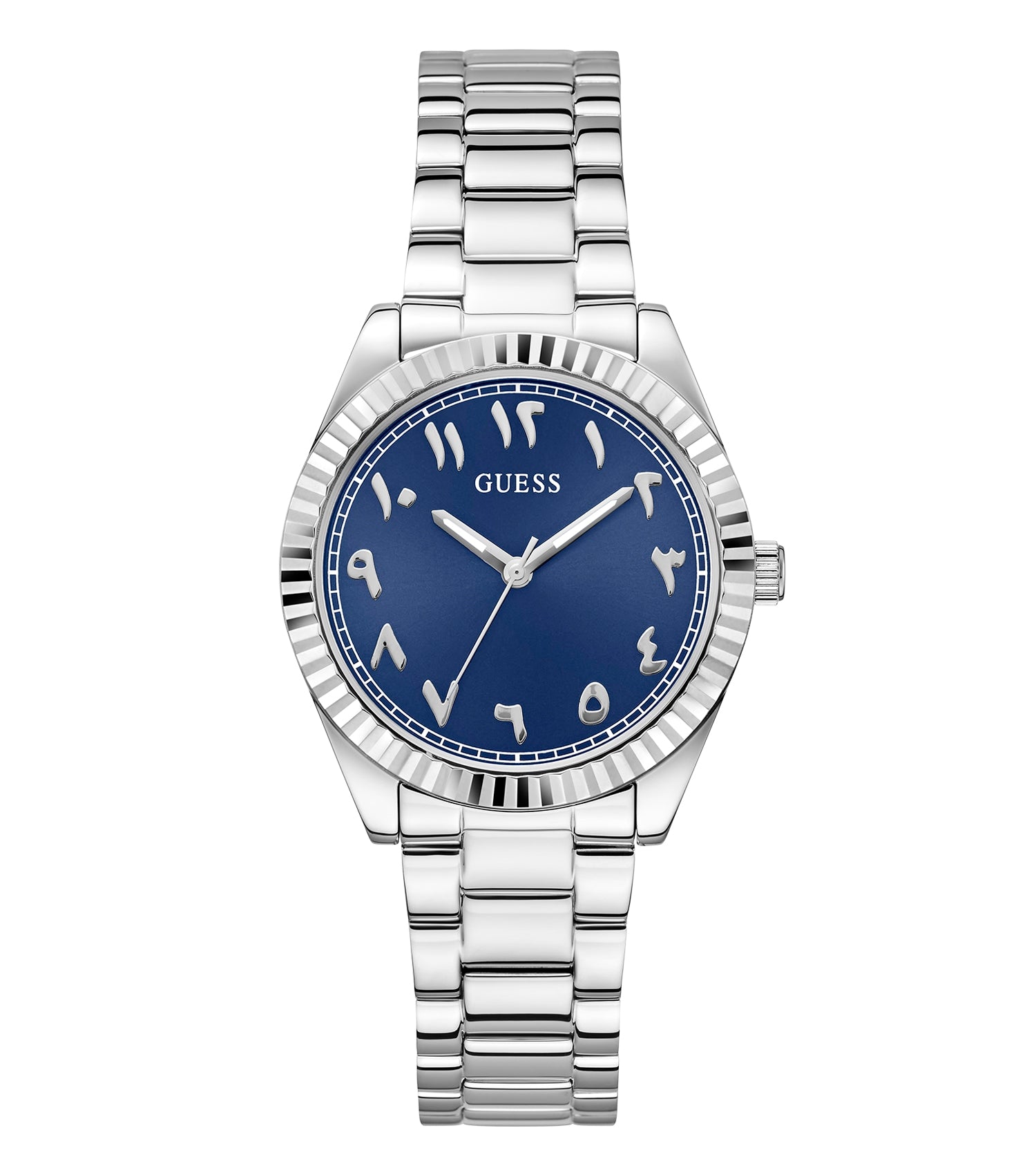 Guess watch GW0735L1, elegant gold-tone design, front angled view with classic round dial, fashion-forward timepiece.