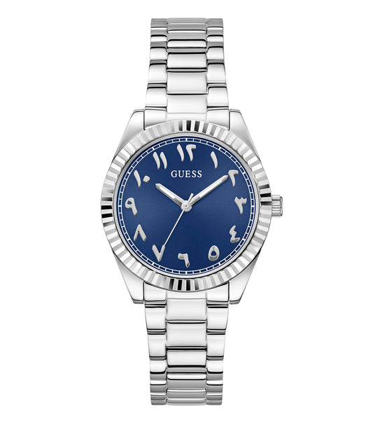 Guess watch GW0735L1, elegant gold-tone design, front angled view with classic round dial, fashion-forward timepiece.