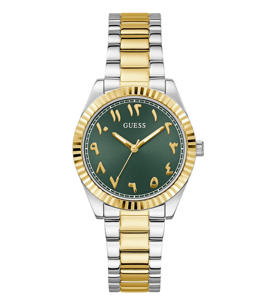 Passionate view: Guess watch in quartz color at a slight angle, showcasing elegant design with classic analog face and sleek strap