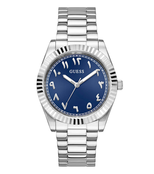 Guess watch in classic black, featuring a sleek round dial and silver accents, displayed at a captivating side angle.