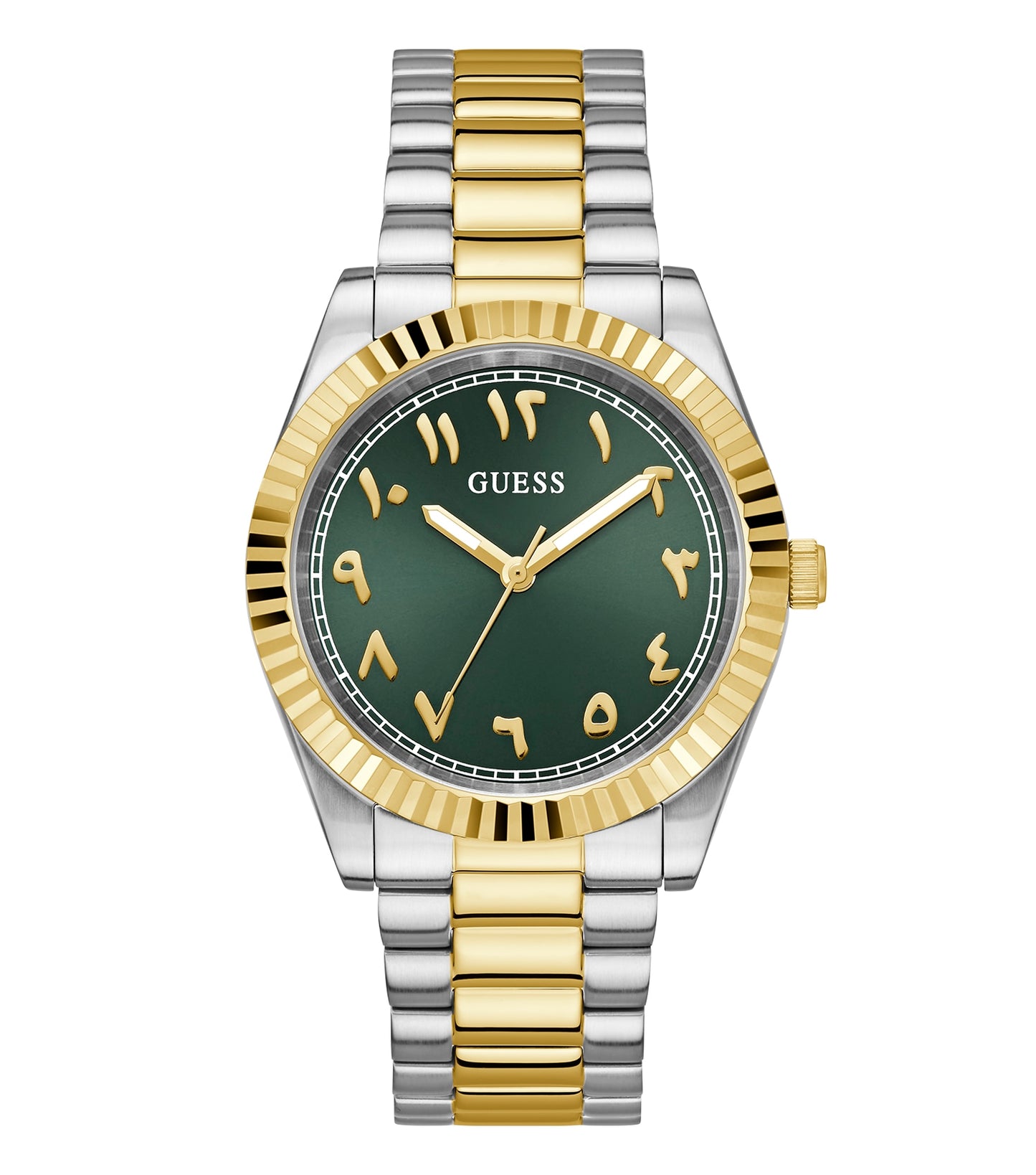 Guess Quartz Watch with gold-tone bracelet, face angled slightly to the left, showcases elegant craftsmanship and style.