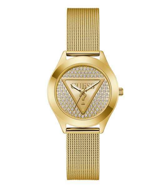 Glitz-colored Guess watch with sparkling stones, elegantly showcasing a side-angle view, capturing its luxurious design and gold finish.