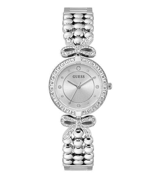 Elegant Guess quartz women's watch in soft pink, showcased from a frontal angle, featuring a sparkling bezel and stylish dial.