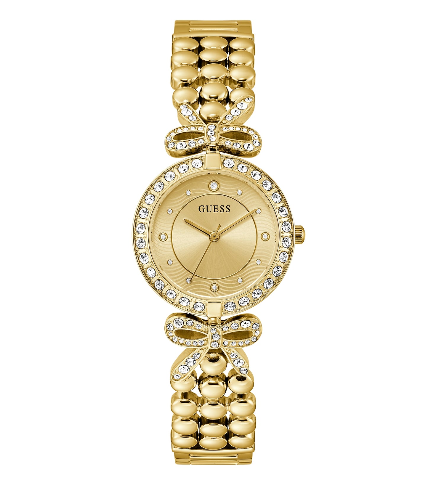 Elegant Guess quartz watch in gold, shown from an angled top view, featuring a smooth gold-toned strap and minimalist dial design.