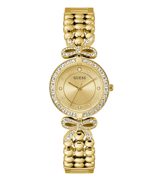 Elegant Guess quartz watch in gold, shown from an angled top view, featuring a smooth gold-toned strap and minimalist dial design.