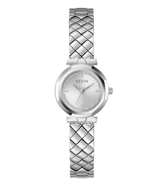 Guess Mini Rumour Quartz watch in a vibrant color shown at a side angle, highlighting its elegant design and sleek strap details.