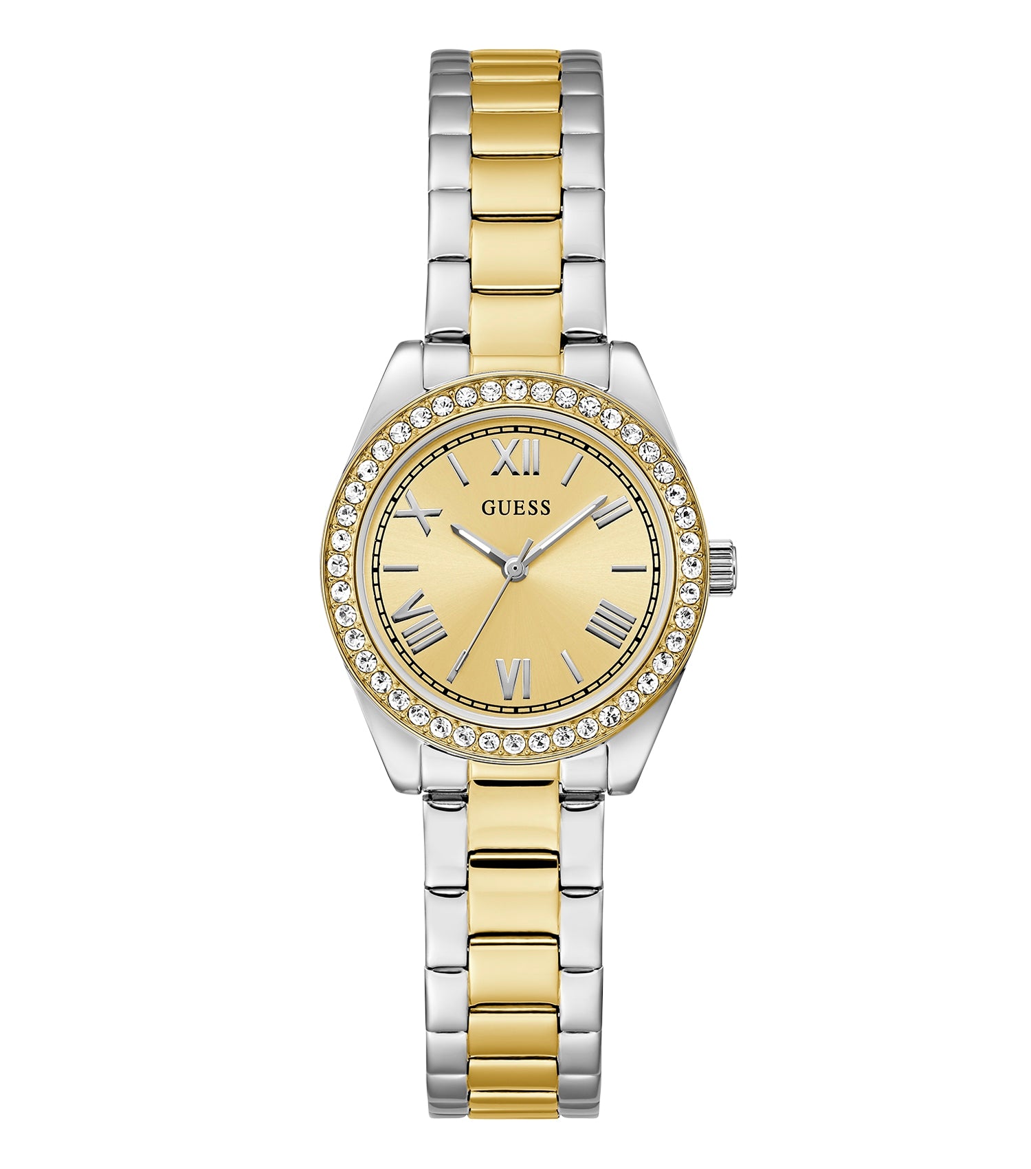 Elegant Guess blue watch with streamlined stainless steel bracelet, showcased from a slightly elevated angle.