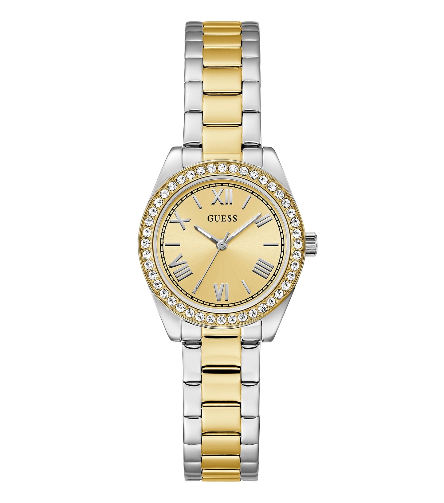 Elegant Guess blue watch with streamlined stainless steel bracelet, showcased from a slightly elevated angle.