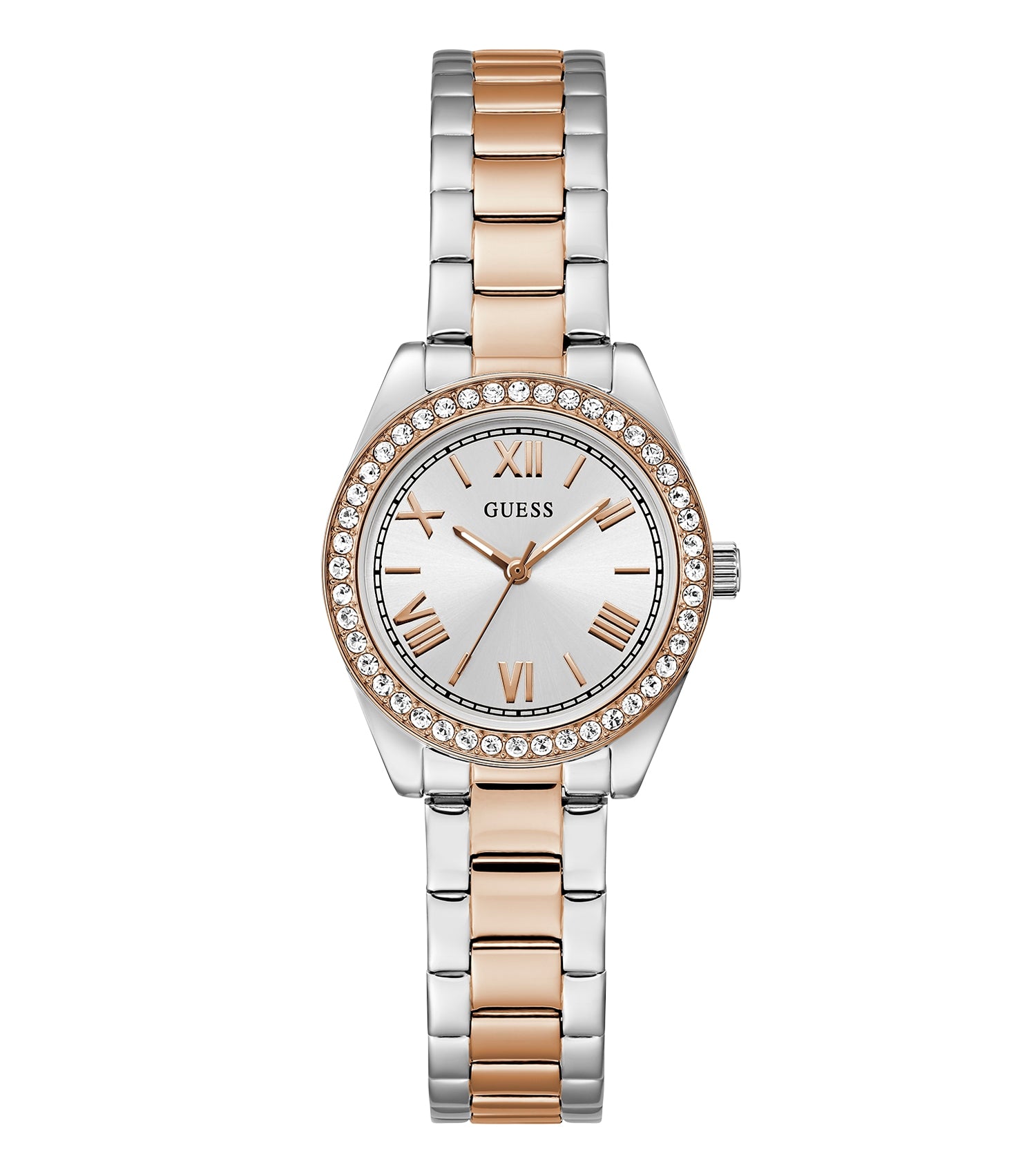 Guess gold-tone women's watch GW0841L3, angled front view, elegant rose gold face with crystal accents and metallic strap detail.