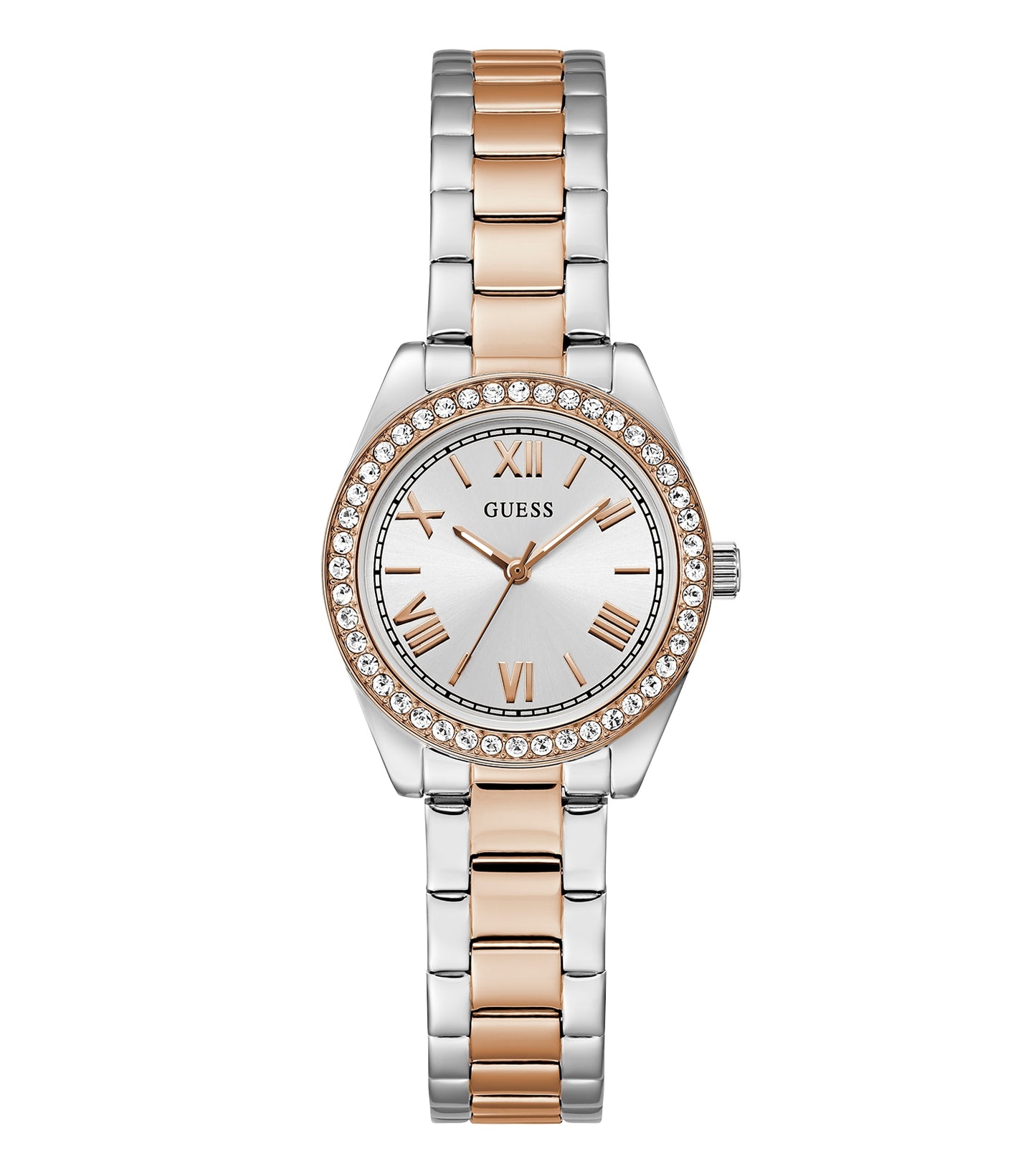 Guess gold-tone women's watch GW0841L3, angled front view, elegant rose gold face with crystal accents and metallic strap detail.