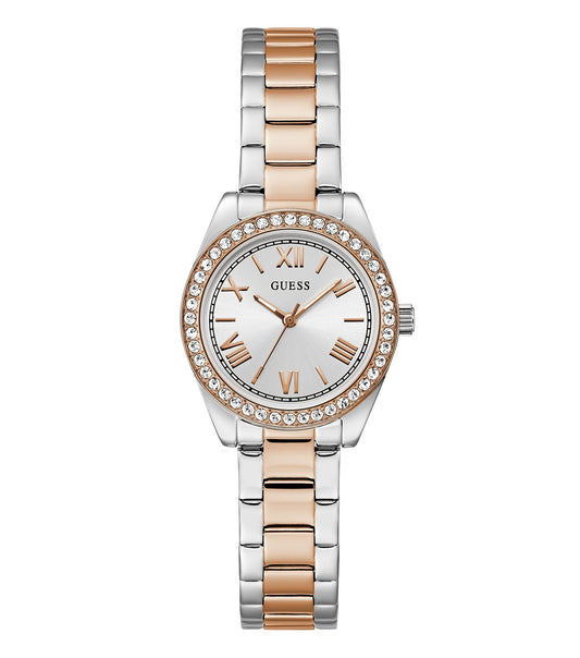 Guess gold-tone women's watch GW0841L3, angled front view, elegant rose gold face with crystal accents and metallic strap detail.