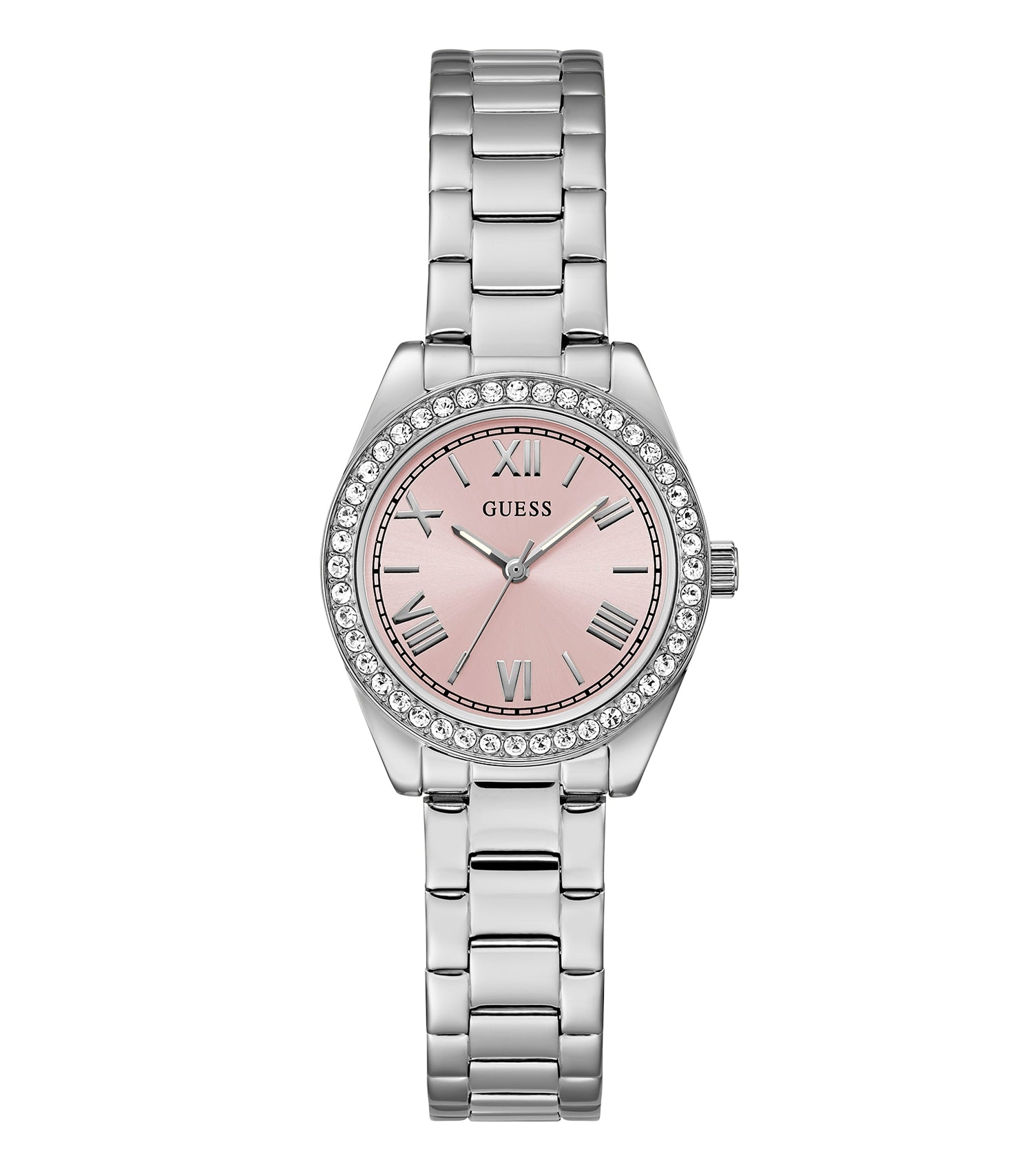 Guess Mini Luna Quartz watch in gold hue, angled display showcasing intricate dial and elegant strap, exuding luxury.