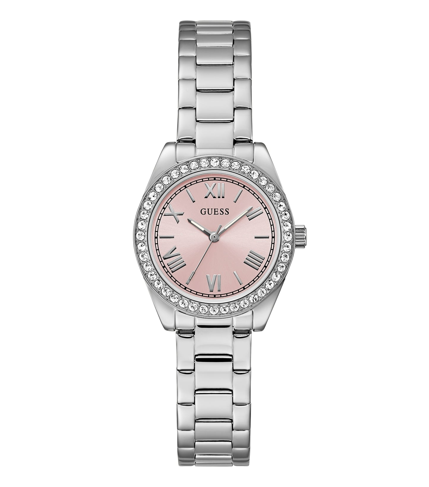 Guess Mini Luna Quartz watch in gold hue, angled display showcasing intricate dial and elegant strap, exuding luxury.