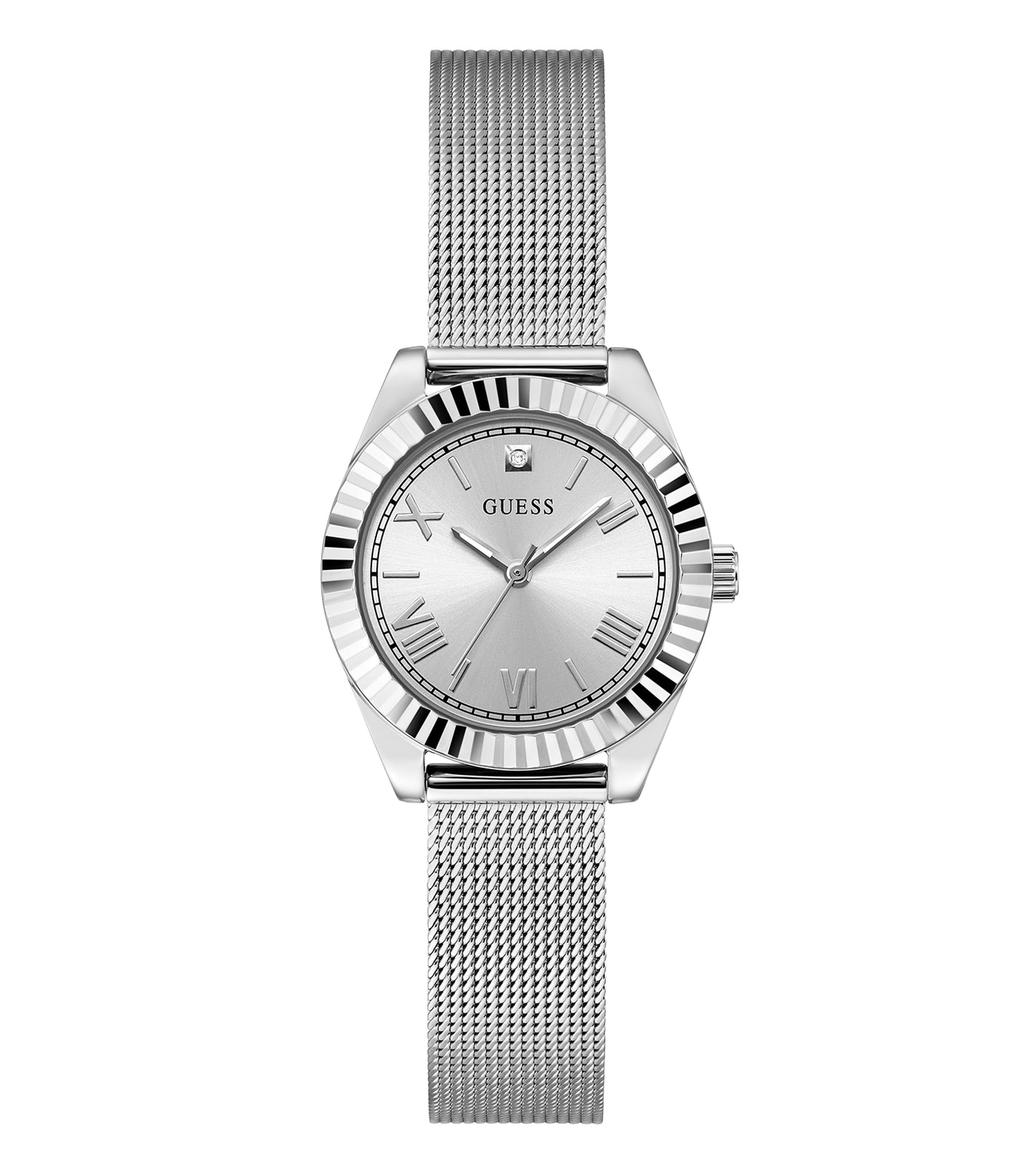 Guess Luna watch in stunning silver color, sleek round face design, displayed at a captivating 30-degree angle.