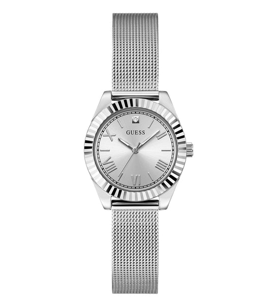 Guess Luna watch in stunning silver color, sleek round face design, displayed at a captivating 30-degree angle.