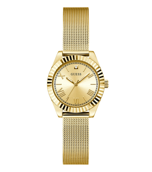 GUESS Mini Luna Quartz watch in gold, displayed at a 30-degree angle, showcasing elegant design and luxurious gold finish.