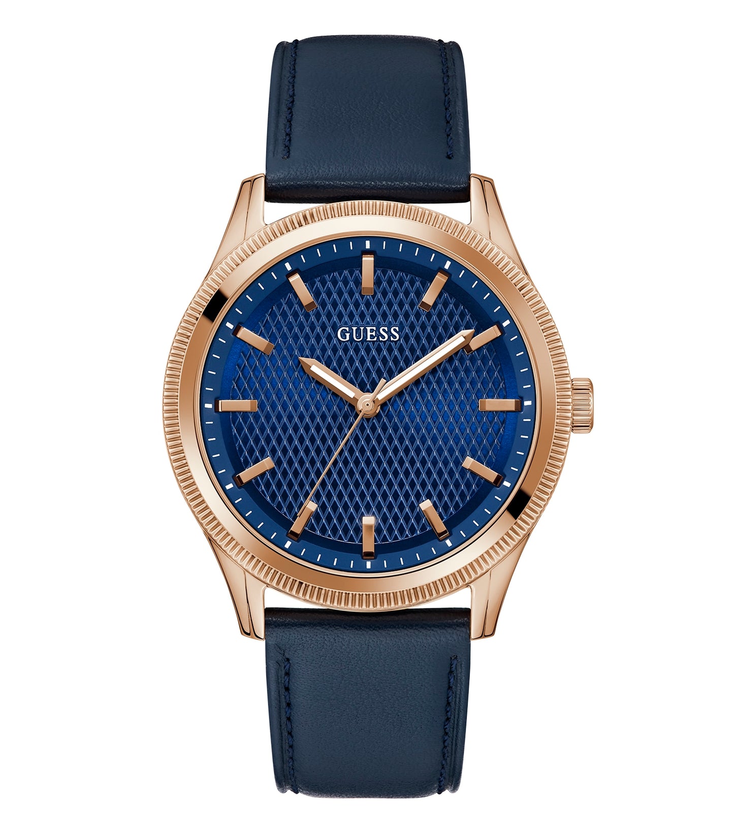 Guess men's watch in striking black with gold accents, photographed at an angle showcasing dial and strap elegance.
