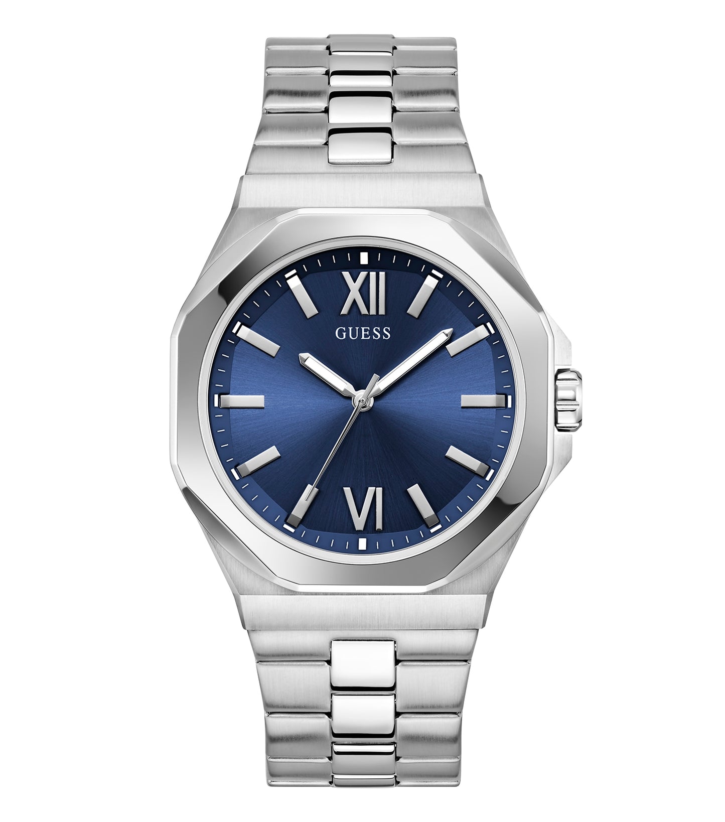 Guess men's watch in matte black, angled view showcasing the sleek round face, modern design, and sophisticated style.