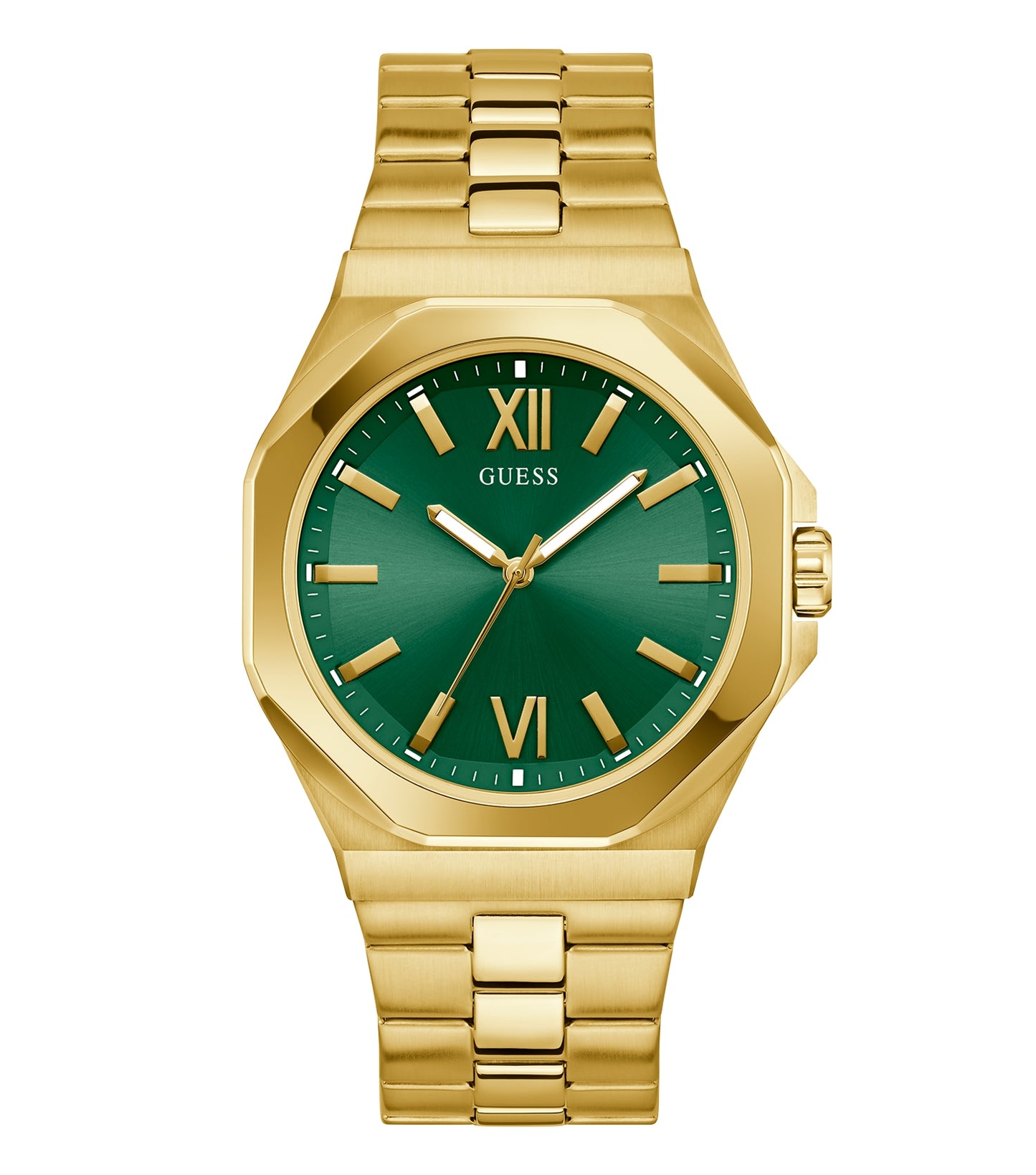 Guess quartz watch with a golden bracelet, showcasing elegant design at a 45-degree angle, emphasizing luxury and style.