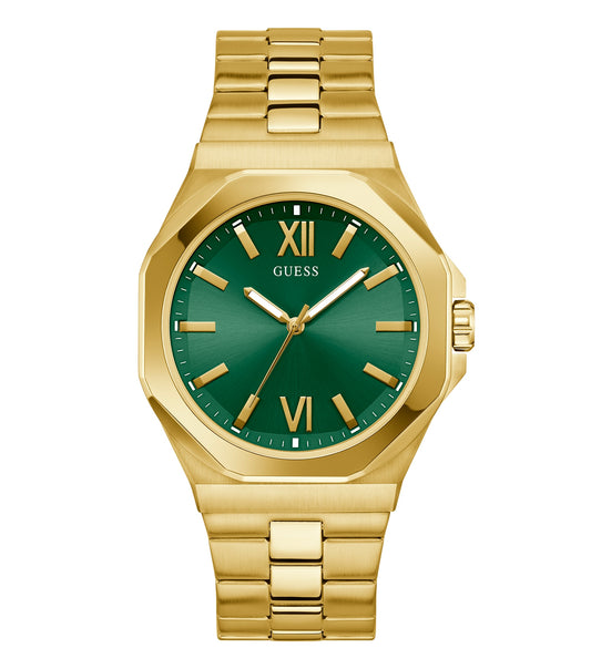 Guess quartz watch with a golden bracelet, showcasing elegant design at a 45-degree angle, emphasizing luxury and style.