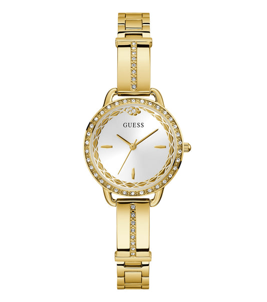 Elegant Guess watch in polished silver color, face angled slightly left, showcasing the brand's refined style and craftsmanship.