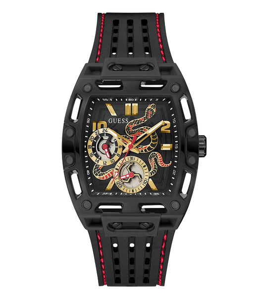 Elegant Guess watch with a classic black design, featuring a sleek face and intricate details, angled slightly from above.