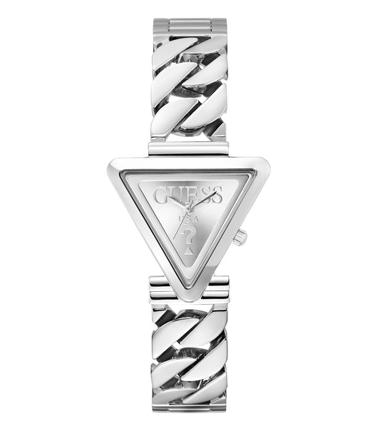 Guess watch in elegant soft gold tone, showcasing a refined minimalist dial with Roman numerals, angled slightly from the left.