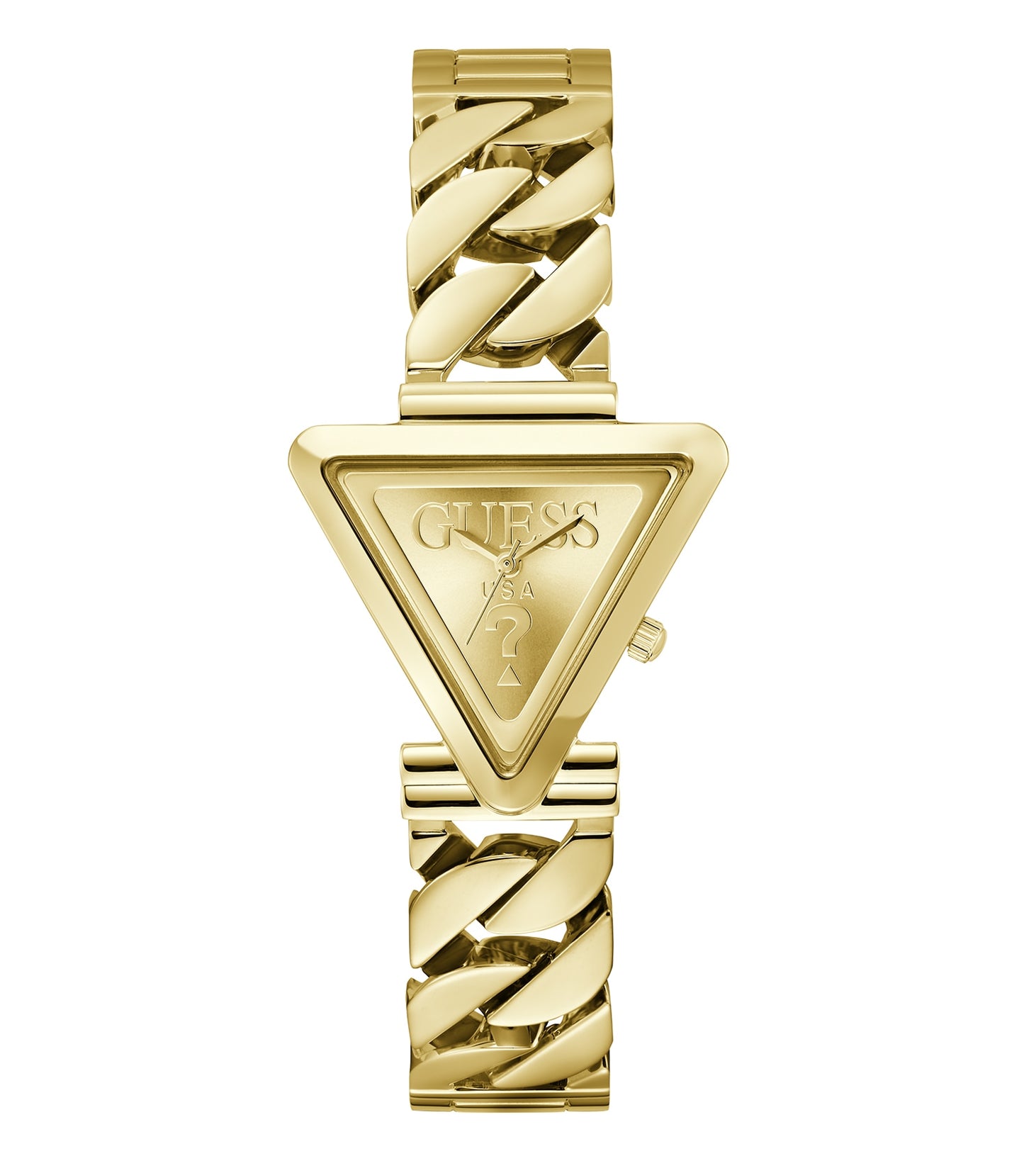 Guess quartz watch in elegant gold hue, showcasing a precise side angle; featuring sleek design, sturdy strap, and intricate dial.