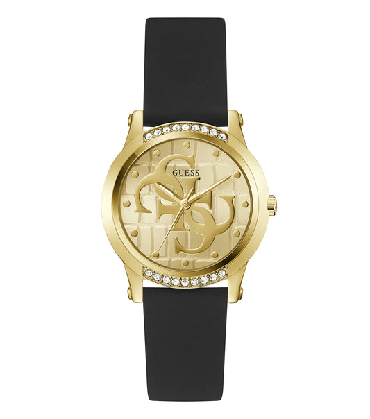 GUESS quartz-color watch GW0860L1 featuring an elegant round face at a 36-degree angle with delicate gold accents on a neutral background.