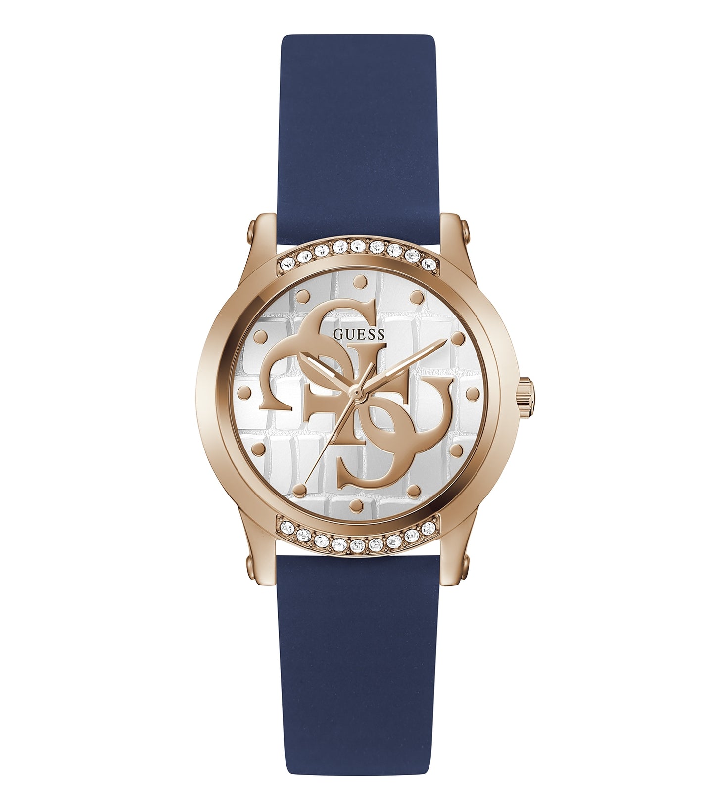 Guess quartz watch in vibrant gold displayed at a 45-degree angle, featuring a glittering round face and elegant link bracelet.