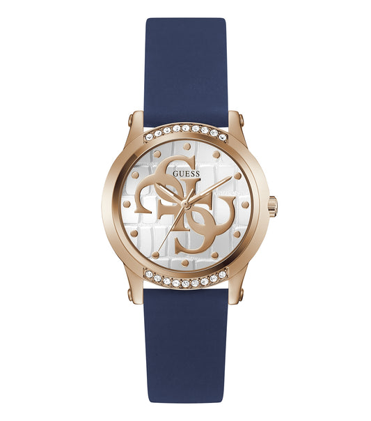 Guess quartz watch in vibrant gold displayed at a 45-degree angle, featuring a glittering round face and elegant link bracelet.