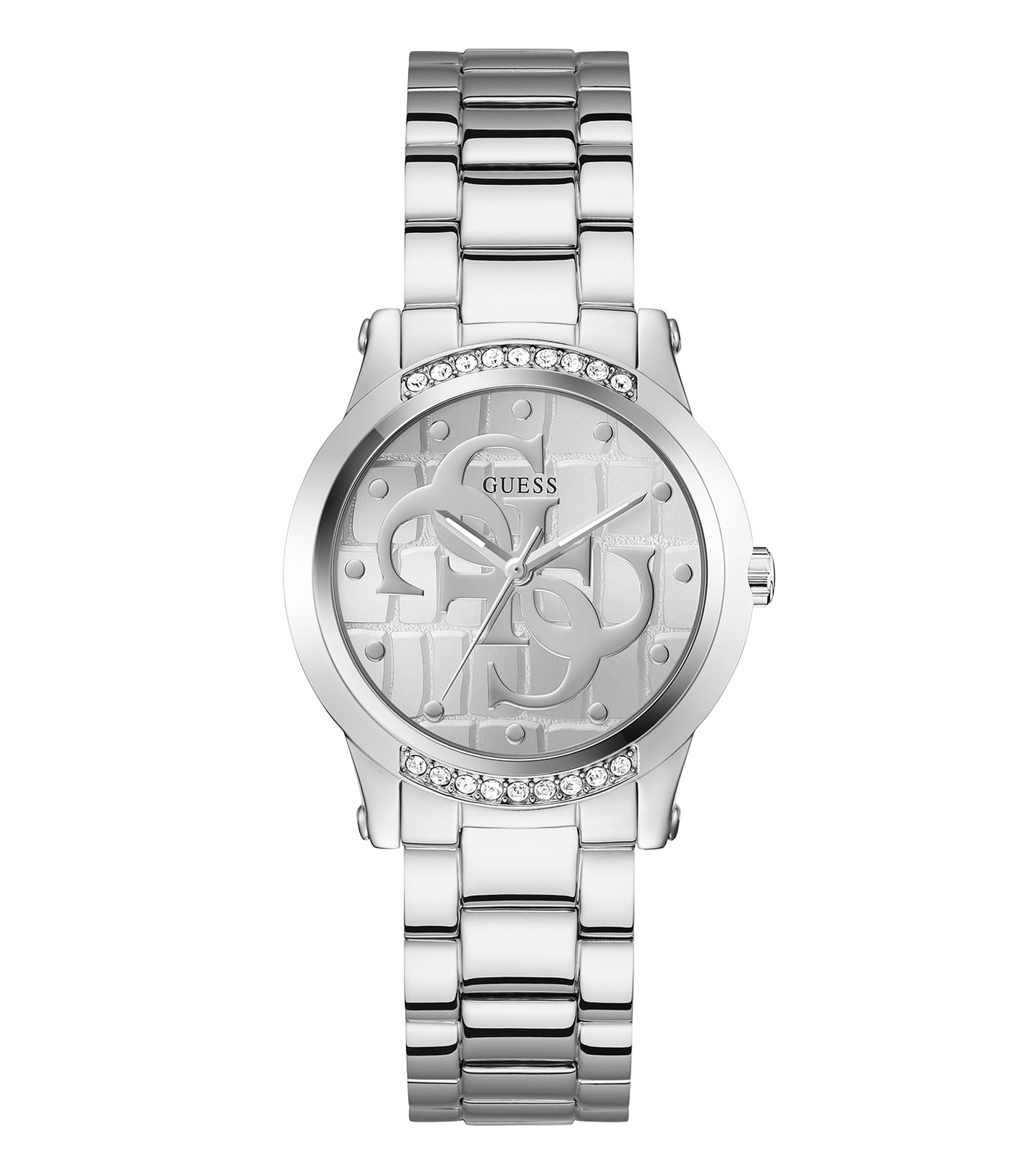 Elegant Guess watch in quartz color featuring a round dial and sleek silver-toned bracelet, showcased from an angled top view.