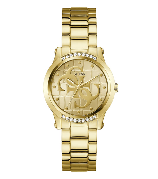 Elegant Guess Quartz Watch with gold-tone finish, showcased at a slight angle, reflecting sophistication and luxury design.