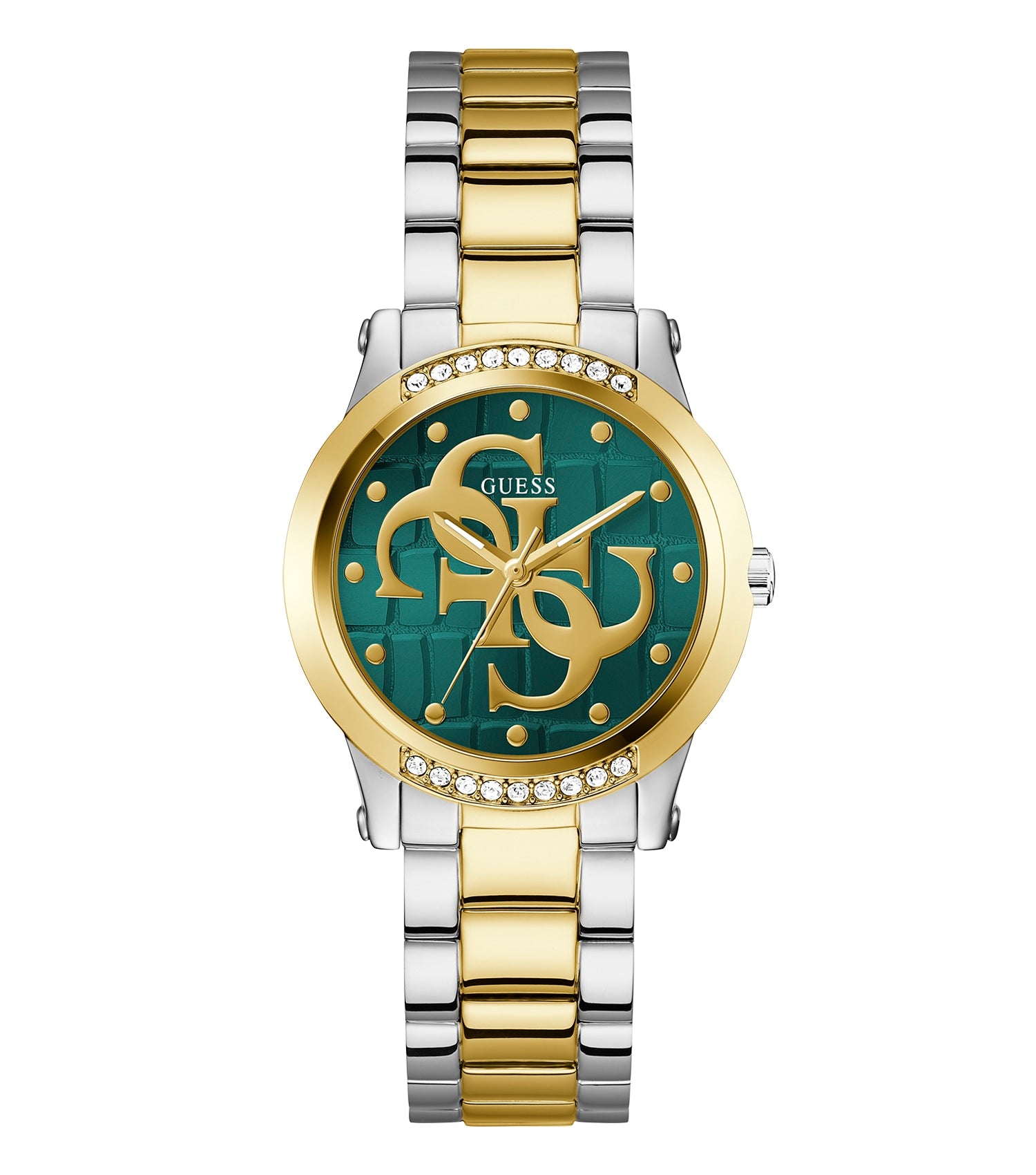Guess Annette Quartz watch in gold-tone with minimalist dial, elegant strap, angled view showcasing its refined craftmanship.