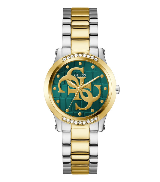 Guess Annette Quartz watch in gold-tone with minimalist dial, elegant strap, angled view showcasing its refined craftmanship.