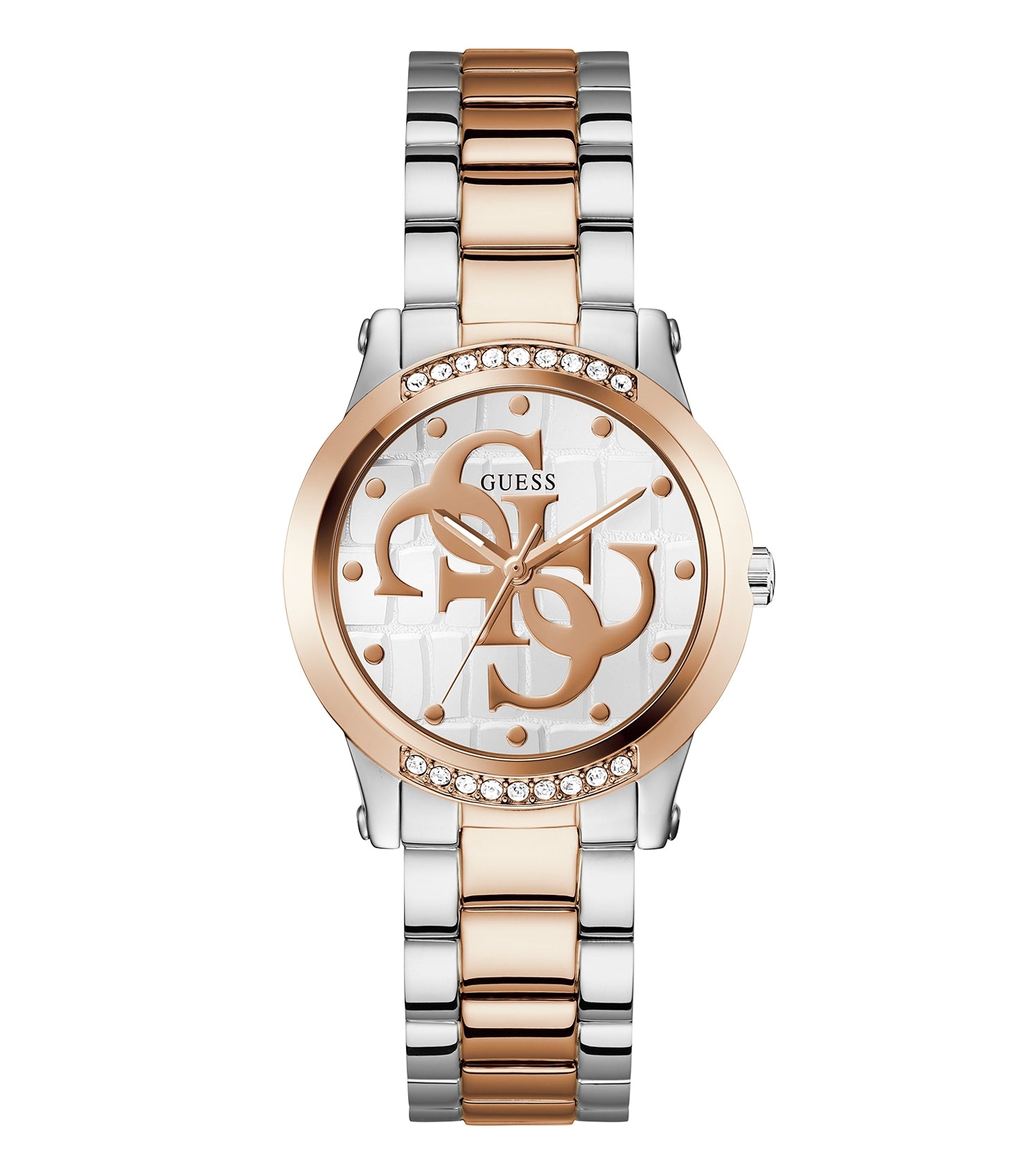 Guess women's quartz watch in rose gold tone, angled view showing sleek round face and elegant linked strap design.