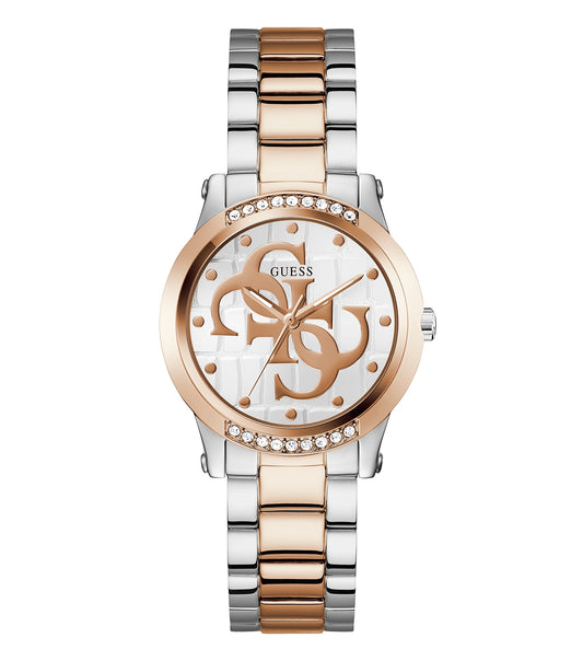 Guess women's quartz watch in rose gold tone, angled view showing sleek round face and elegant linked strap design.