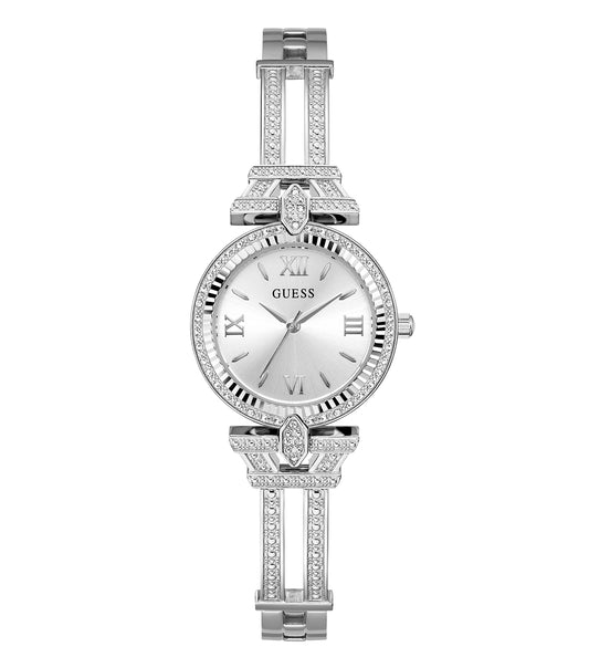 Elegant Guess Quartz Watch in ¾ angle, featuring a dazzling gold-tone bezel and sleek black strap on a white background.
