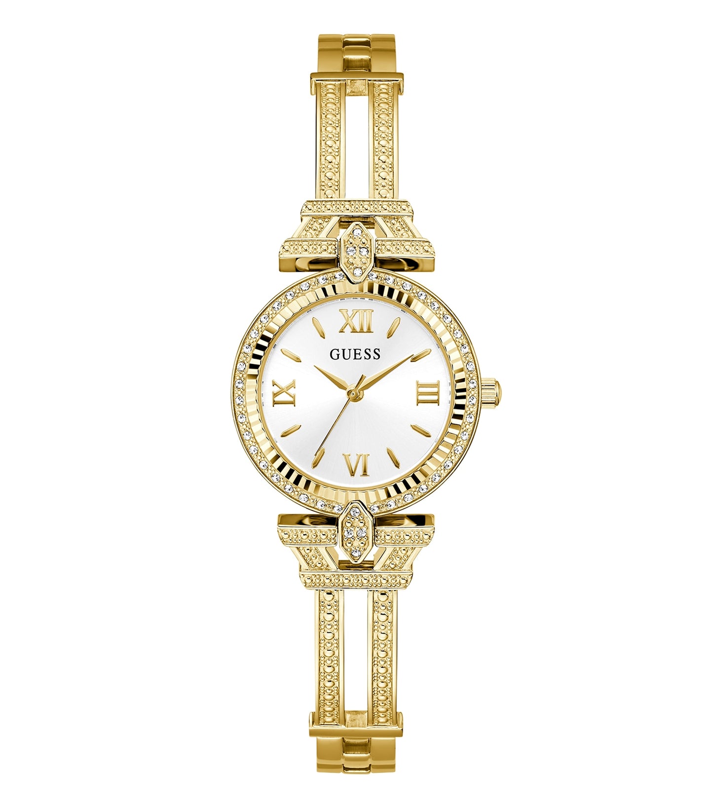 Elegantly angled Guess watch in none color, showcasing a sleek design with a minimalist dial and gold-tone accents.